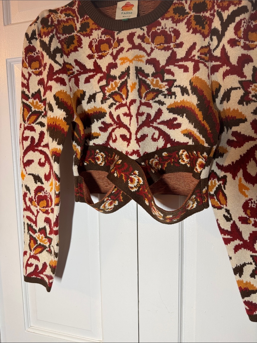 NWOT FARM Rio Cream/Burgundy/Mustard Floral Cropped Knit Sweater Crossover Hem - Picture 7 of 11